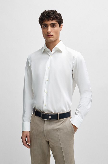 Regular-Fit Hemd aus elastischer Baumwoll-Popeline mit bügelleichtem Finish, Weiß