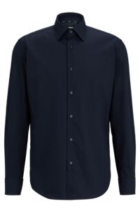 Camicia regular fit in popeline di cotone elasticizzato facile da stirare, Blu scuro