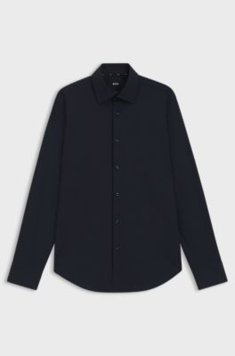 Regular-fit shirt in easy-iron stretch-cotton poplin, Dark Blue