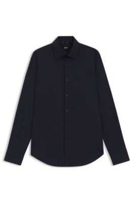 Boss Uomo Blu Scuro Camicia Regular Fit In Cotone Elasticizzato