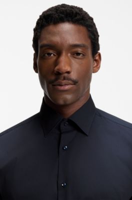 Regular-fit shirt in easy-iron stretch-cotton poplin, Dark Blue