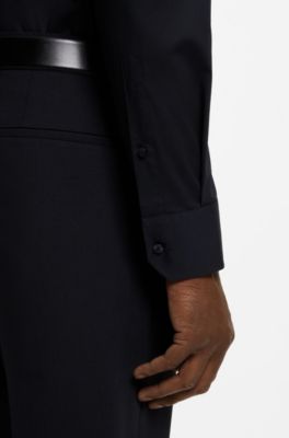 Regular-fit shirt in easy-iron stretch-cotton poplin, Dark Blue