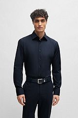 Regular-fit shirt in easy-iron stretch-cotton poplin, Dark Blue