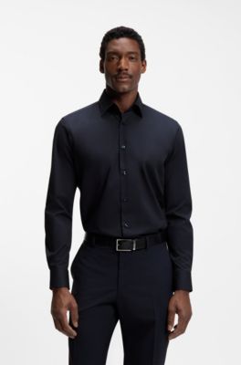 Regular-fit shirt in easy-iron stretch-cotton poplin, Dark Blue