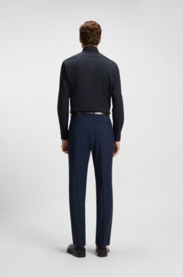 Chemise Regular Fit &agrave; rayures en popeline de coton stretch facile &agrave; repasser, Bleu fonc&eacute;