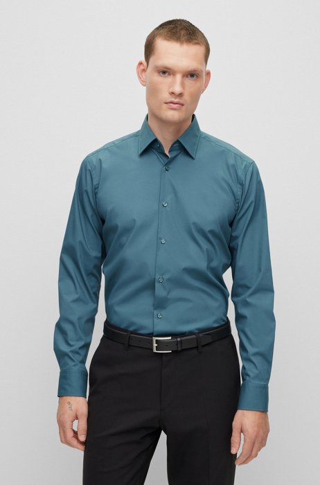 Regular-fit shirt in easy-iron stretch-cotton poplin, Turquoise