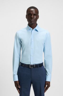 Regular fit-skjorta i l&auml;ttstruken stretchbomullspoplin, Ljusbl&aring;