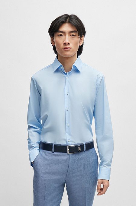 Regular-fit shirt in easy-iron stretch-cotton poplin, Light Blue