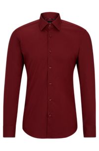 Camicia regular fit in popeline di cotone elasticizzato facile da stirare, Rosso scuro