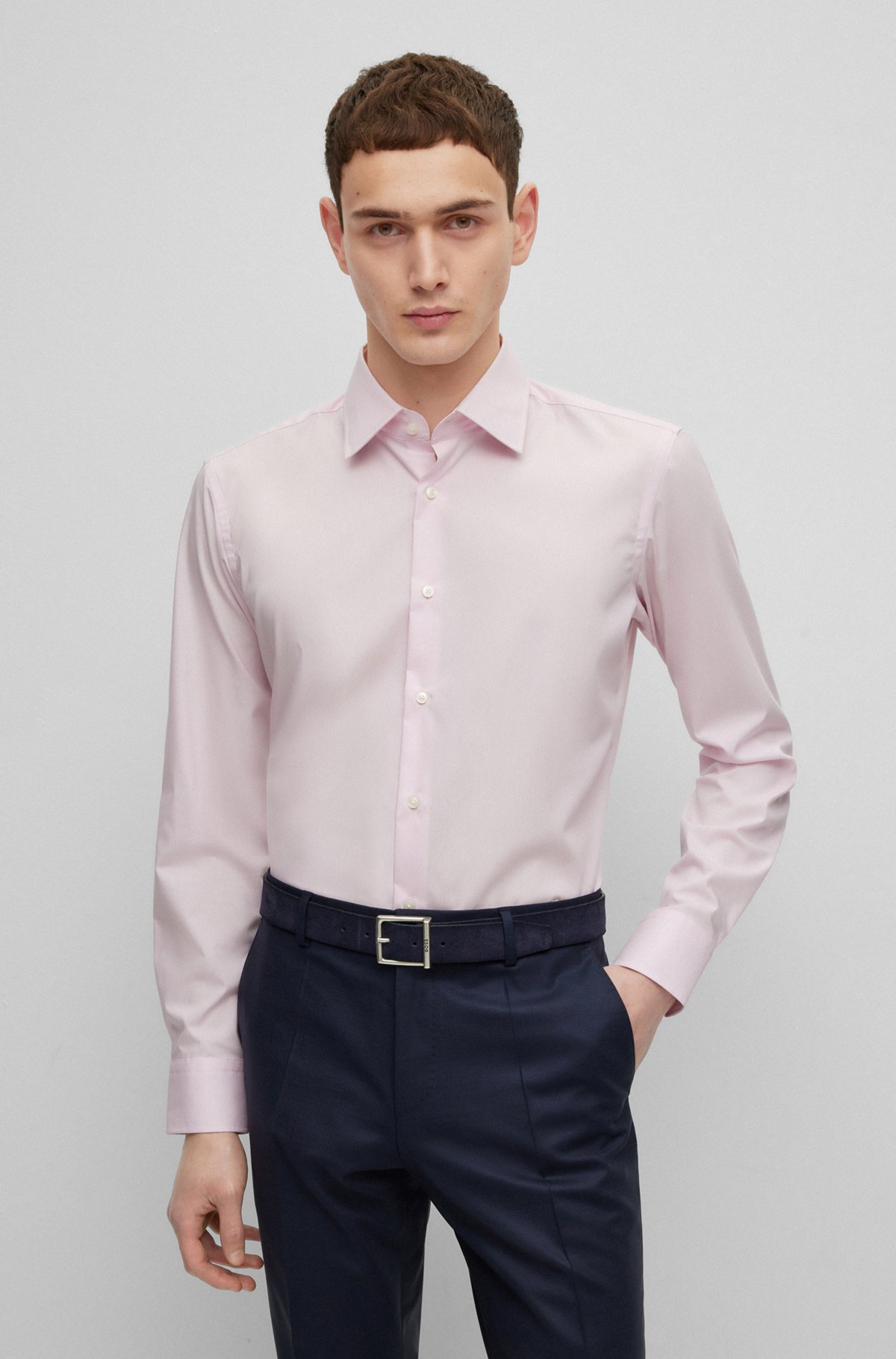 Regular-fit shirt in easy-iron stretch-cotton poplin, light pink