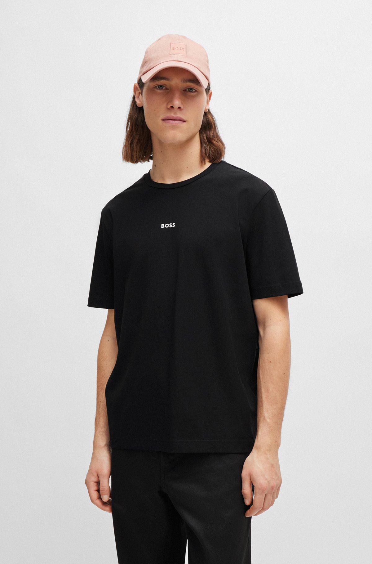 Camiseta relaxed fit de algodón elástico con logo estampado, Negro