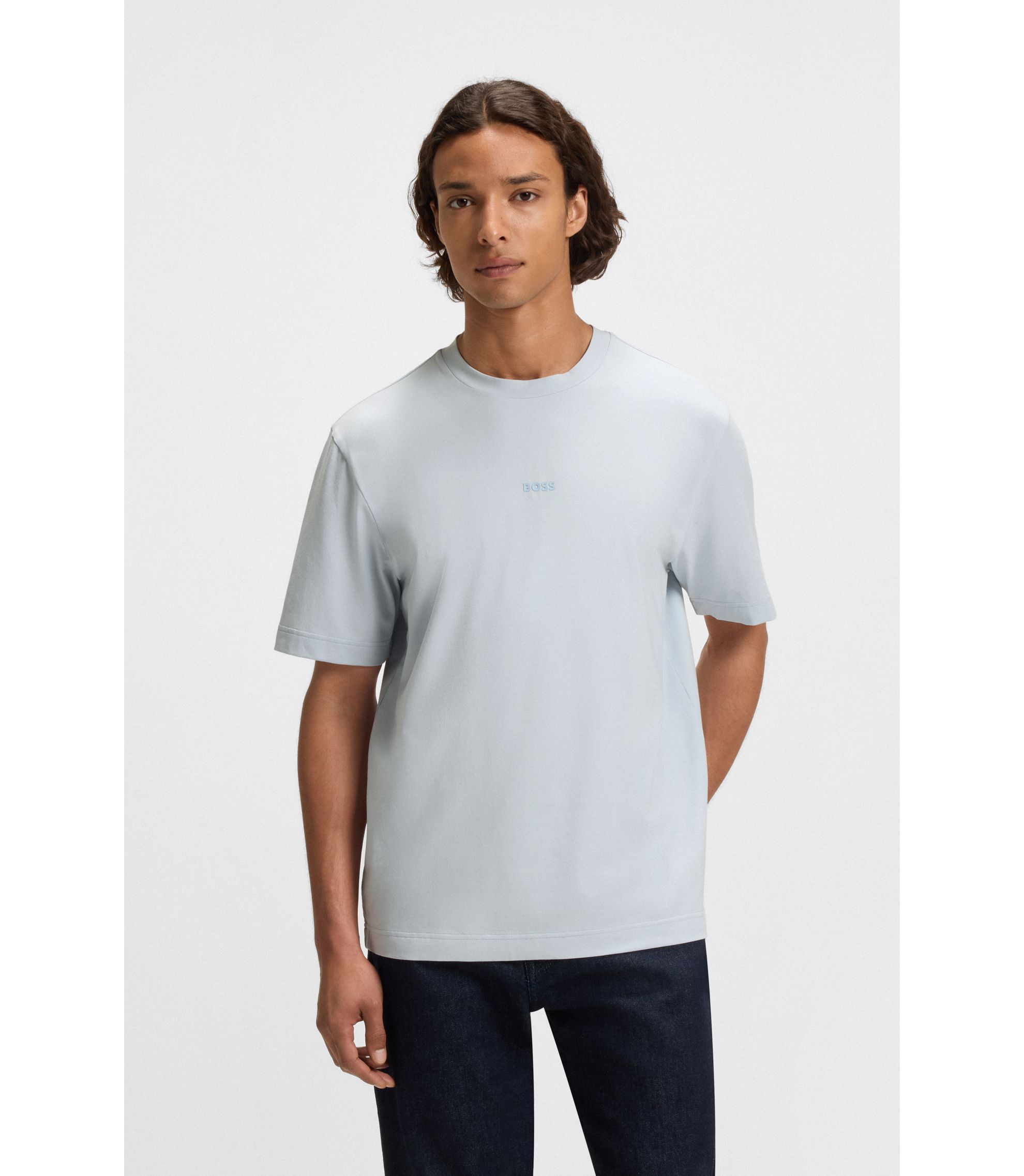 BOSS - Stretch-cotton T-shirt with logo print - Light Grey