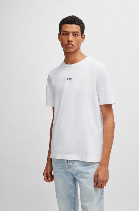 Camiseta relaxed fit de algodón elástico con logo estampado, Blanco