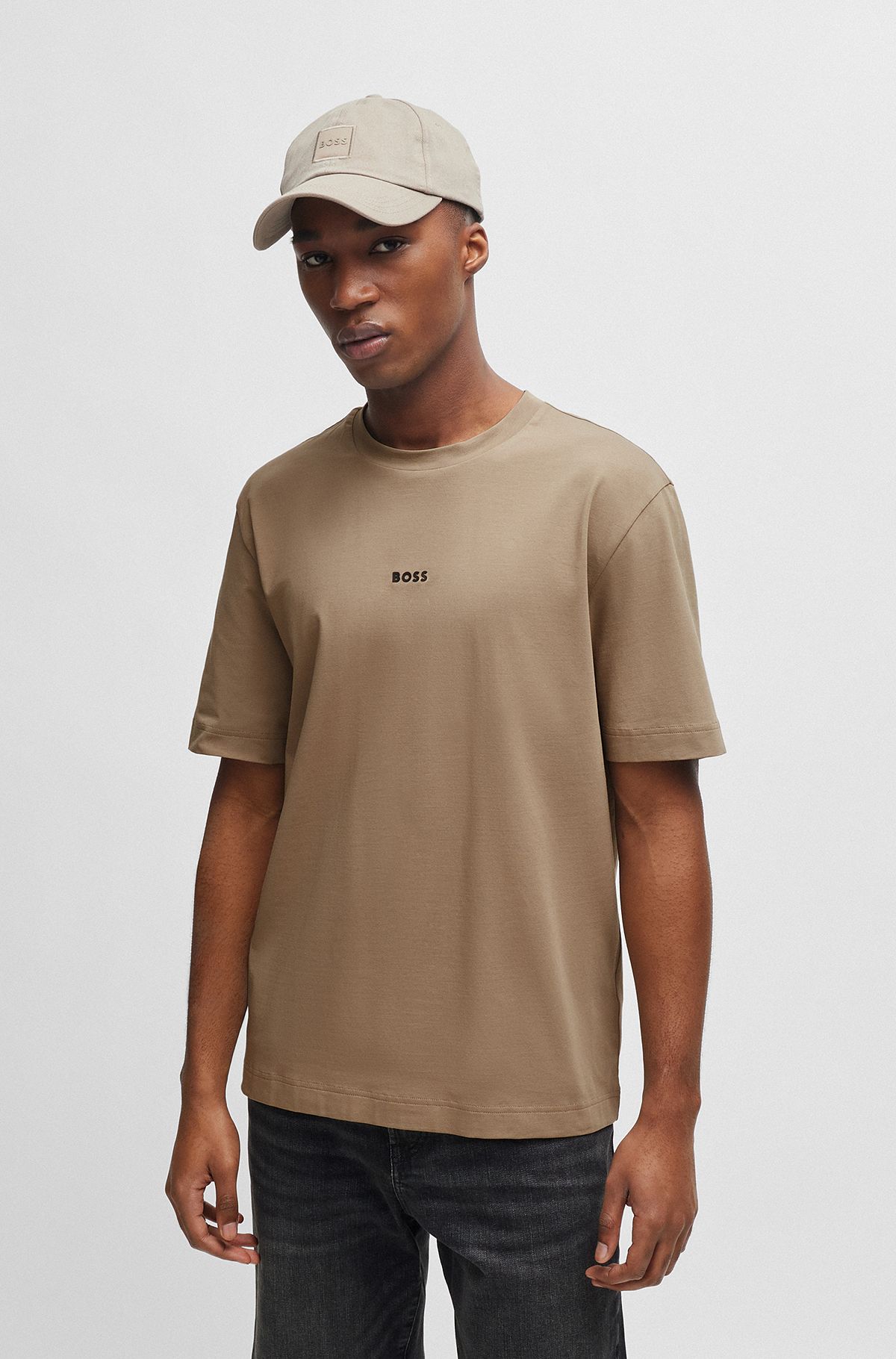 Relaxed-fit T-shirt in stretch cotton with logo print, Beige