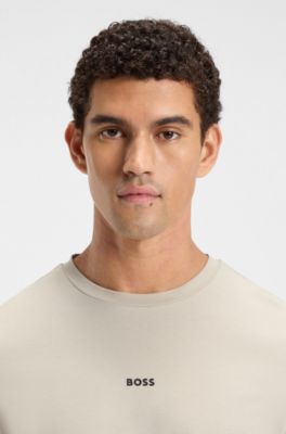 Stretch-cotton T-shirt with contrast logo, Natural