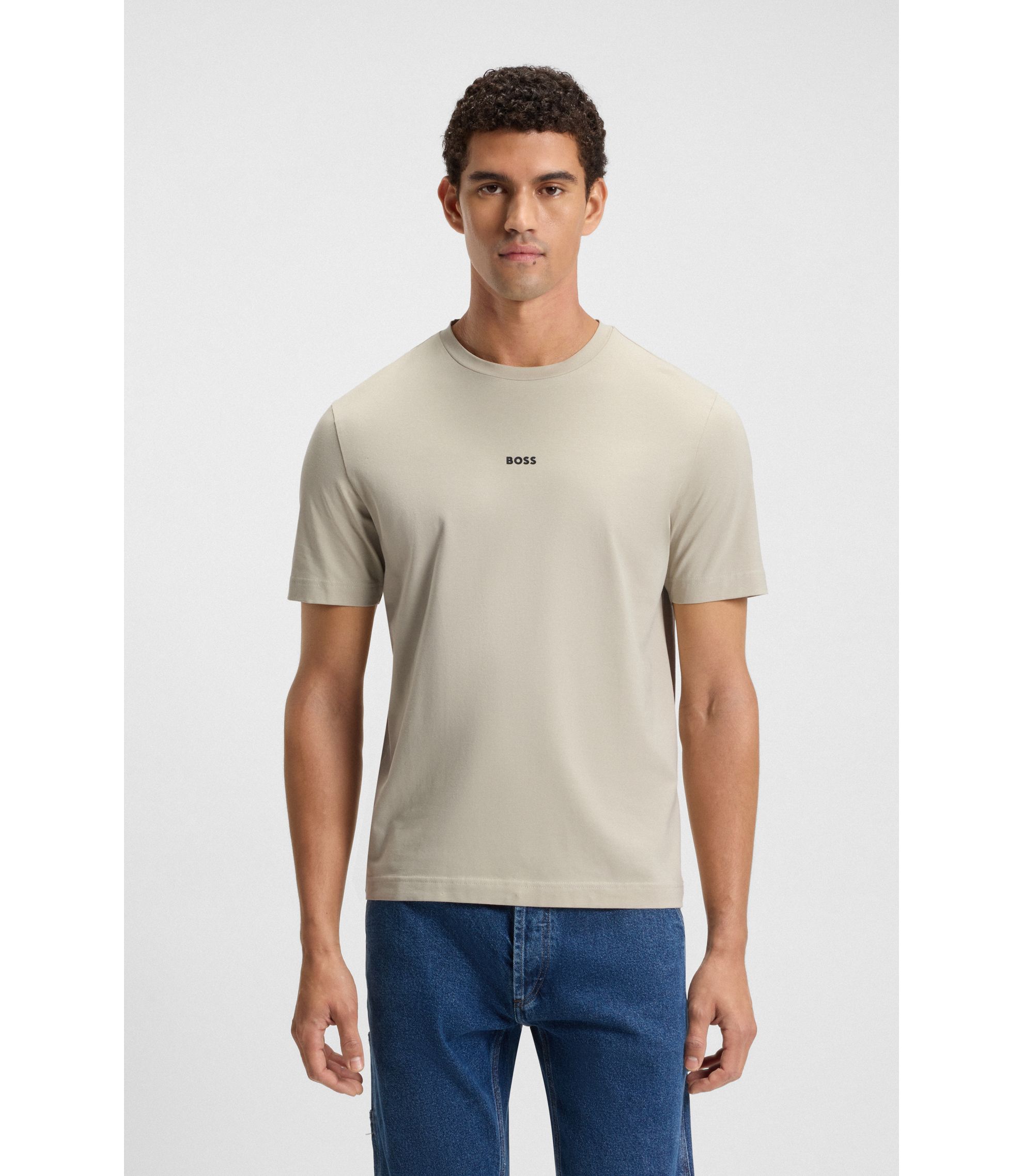 【送料&関税込】Hugo Boss Tiburt 354 BOSS - Stretch-cotton T-shirt with logo print - Natural