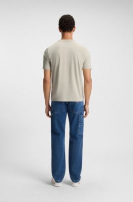 Stretch-cotton T-shirt with contrast logo, Natural