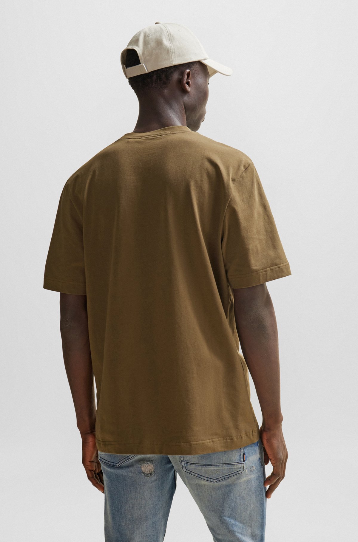 Camiseta relaxed fit de algodón elástico con logo estampado, Verde oscuro