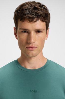 Stretch-cotton T-shirt with logo print, Green