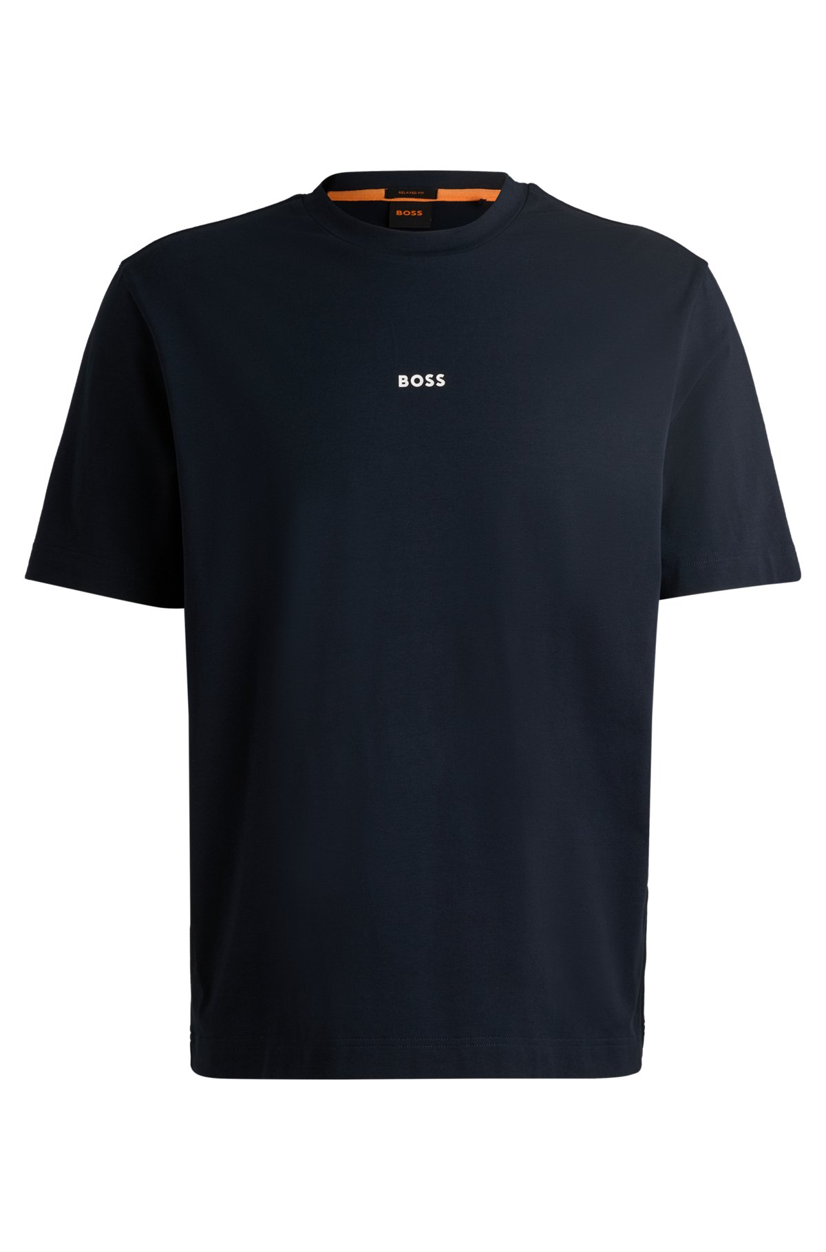 Camiseta relaxed fit de algodón elástico con logo estampado, Azul oscuro