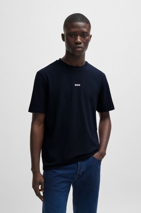T-shirt relaxed fit in cotone elasticizzato con logo stampato, Blu scuro