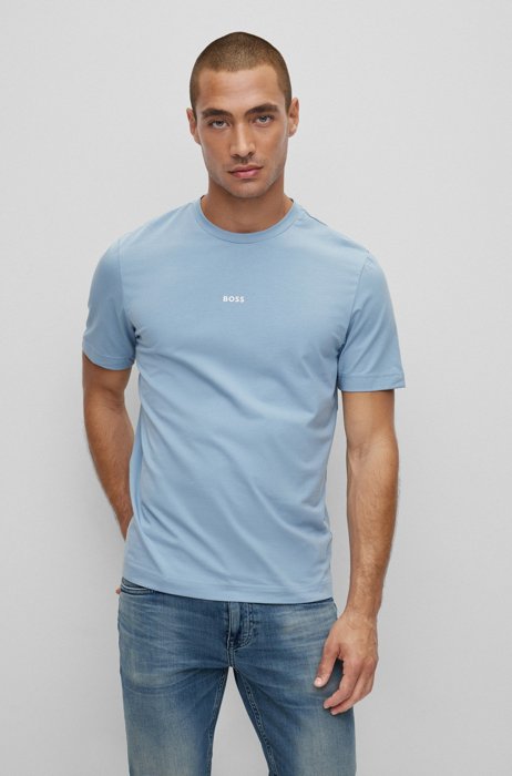 Camiseta relaxed fit de algodón elástico con logo estampado, Celeste