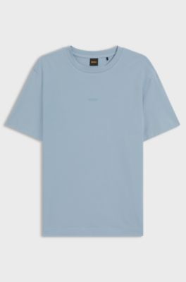 Stretch-cotton T-shirt with contrast logo, Light Blue