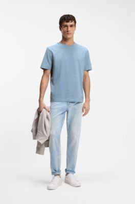 Stretch-cotton T-shirt with logo print, Light Blue