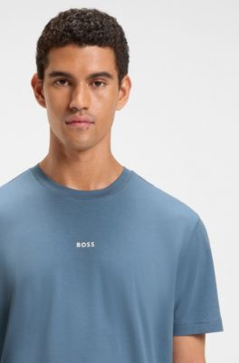 Stretch-cotton T-shirt with logo print, Blue