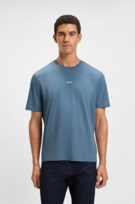 Stretch-cotton T-shirt with contrast logo, Blue