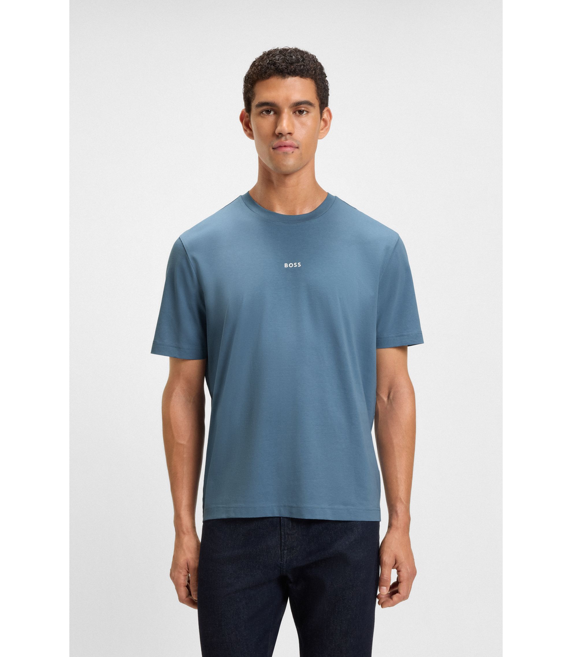 BOSS - Stretch-cotton T-shirt with logo print - Blue