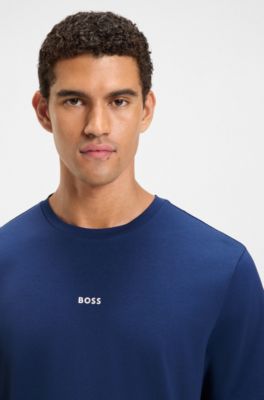 Stretch-cotton T-shirt with contrast logo, Dark Blue