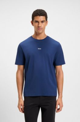 Stretch-cotton T-shirt with contrast logo, Dark Blue