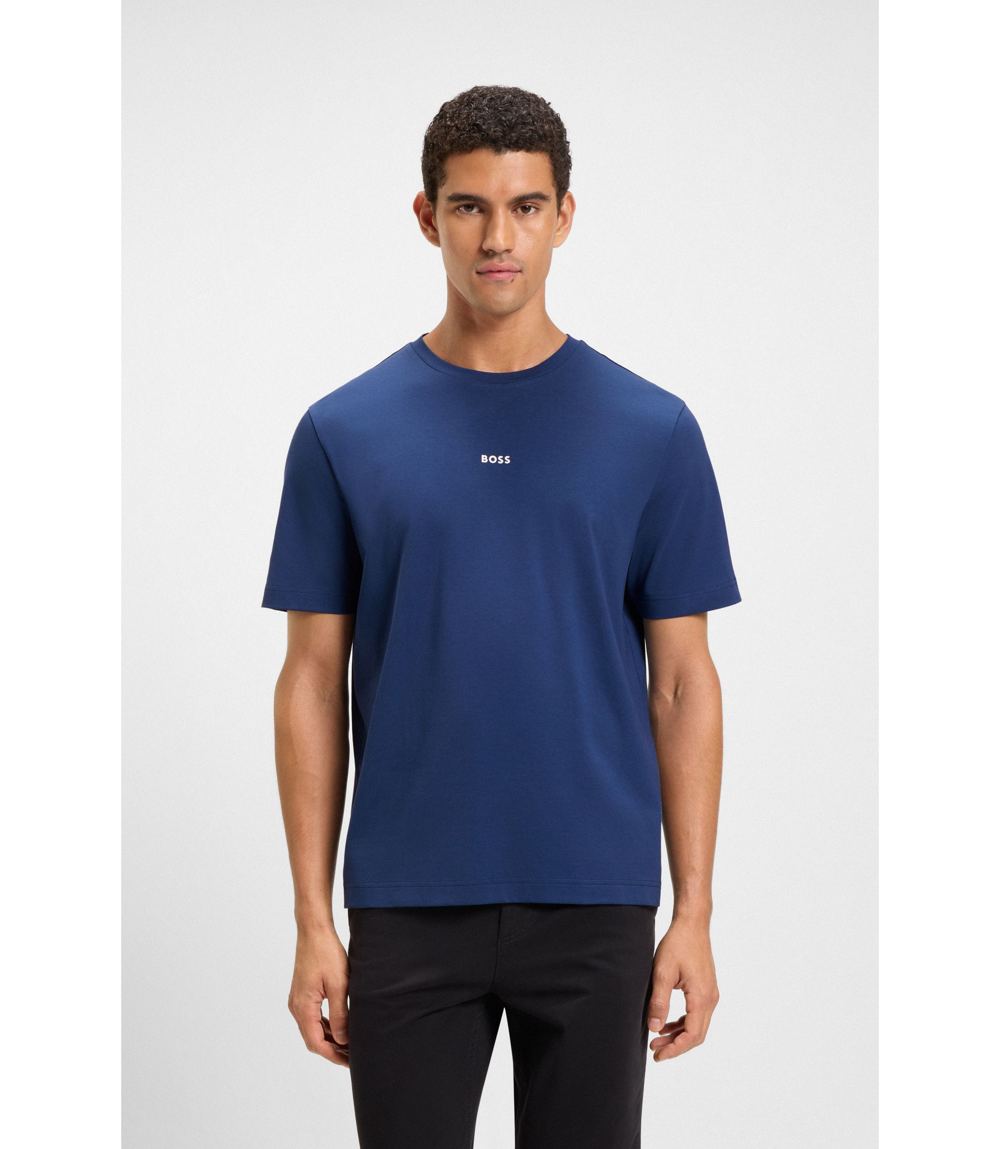 BOSS - Stretch-cotton T-shirt with logo print - Dark Blue