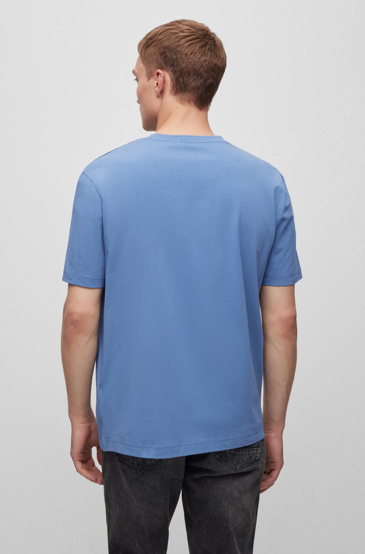 Camiseta relaxed fit de algodón elástico con logo estampado, Celeste