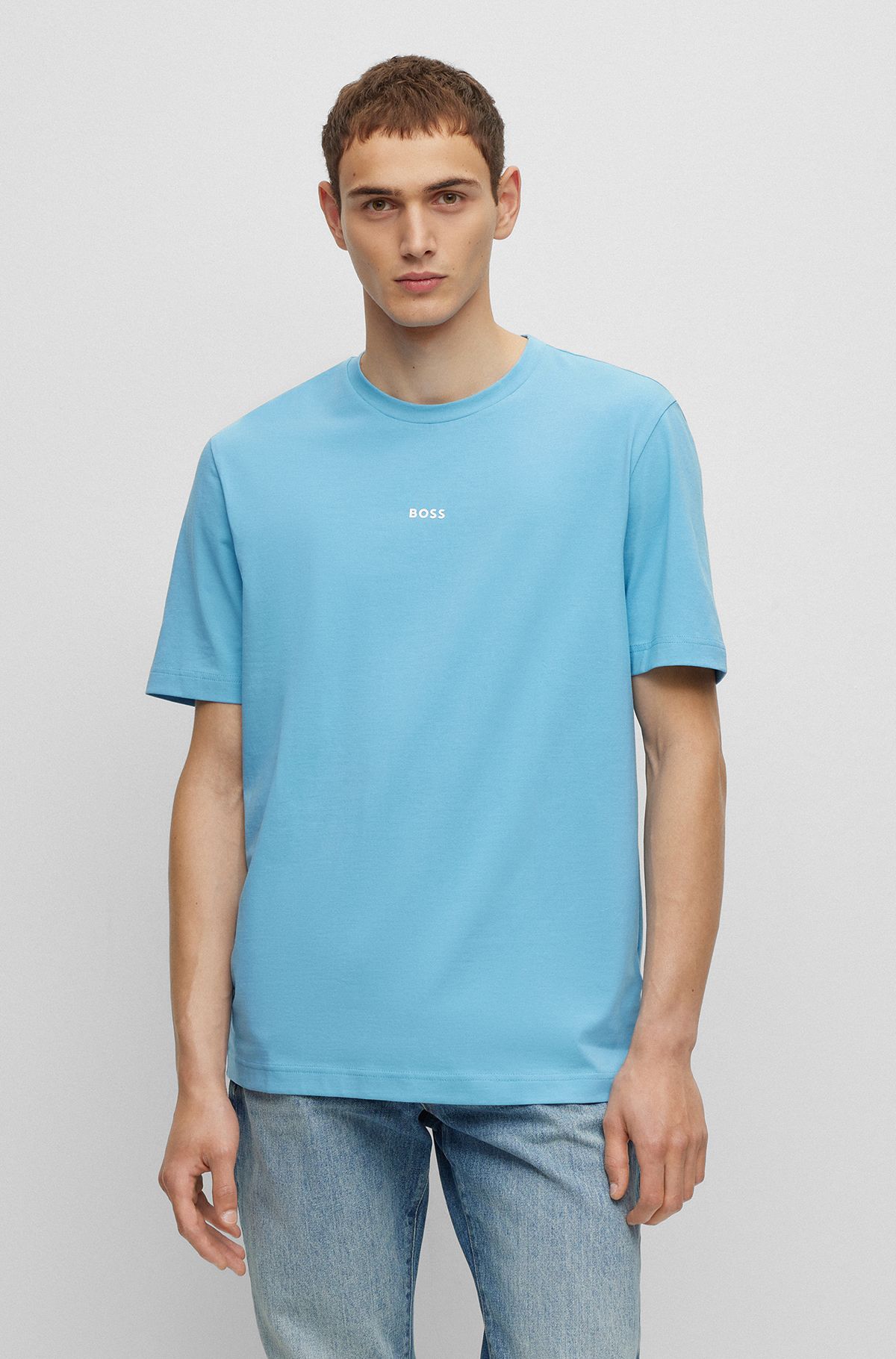 Relaxed-Fit T-Shirt aus Stretch-Baumwolle mit Logo-Print, Hellblau
