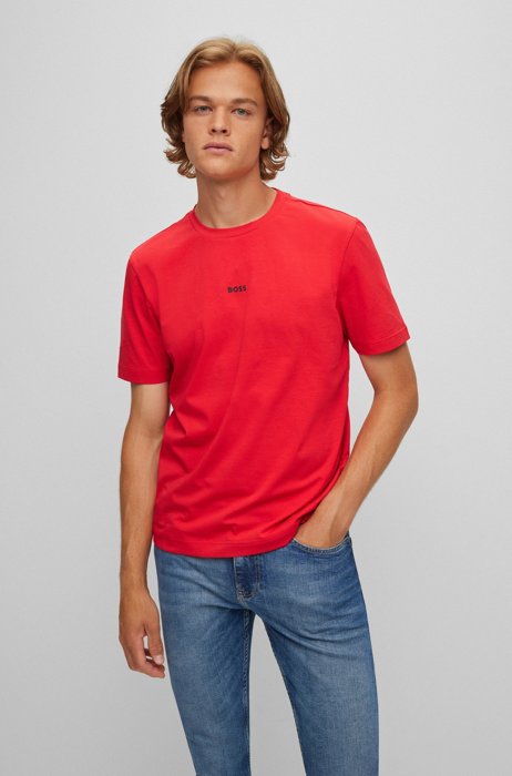 Camiseta relaxed fit de algodón elástico con logo estampado, Rojo
