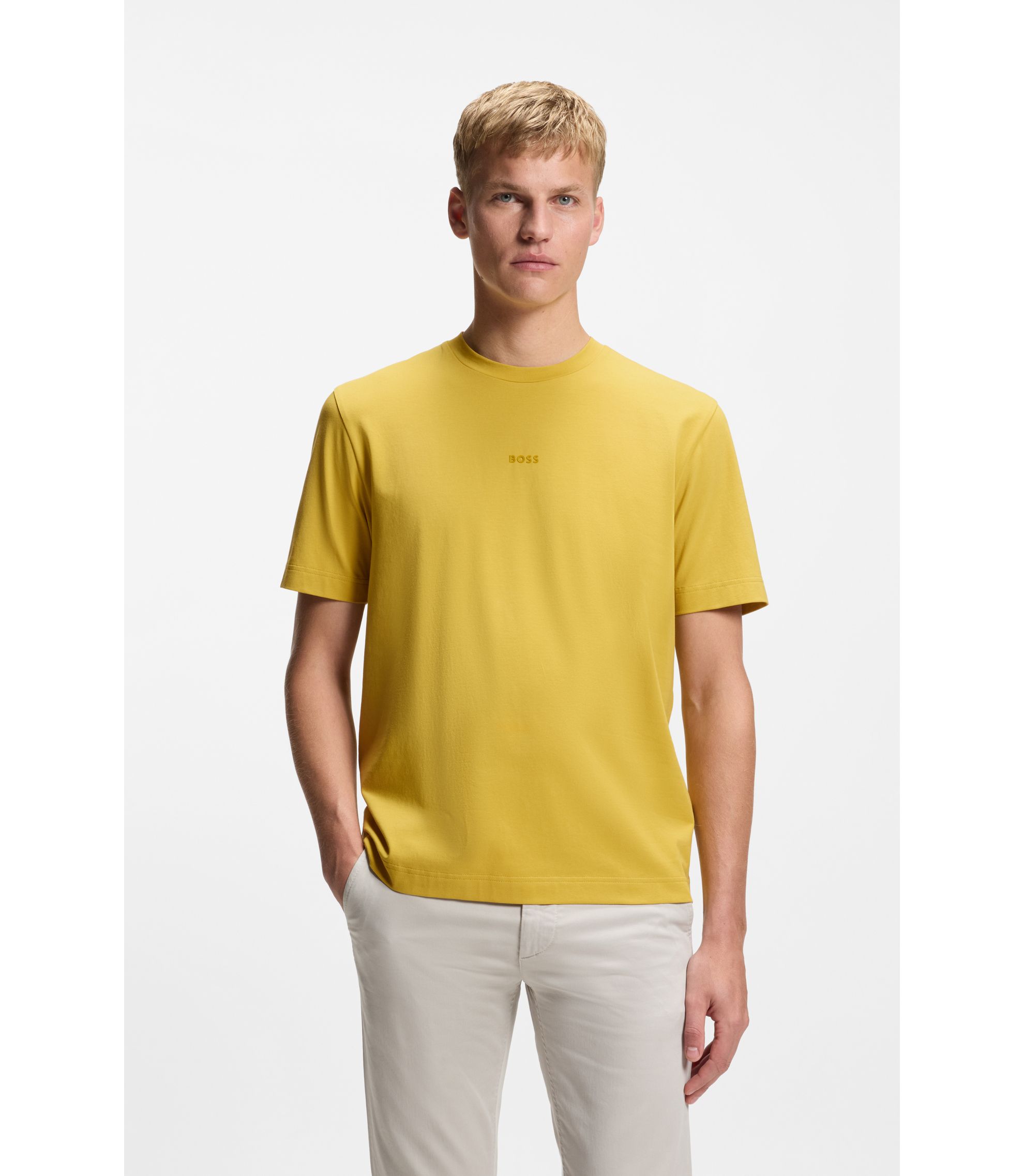 BOSS - Stretch-cotton T-shirt with contrast logo - Yellow