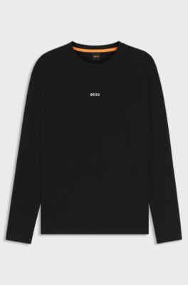 T-shirt med lange &aelig;rmer i bomuld med str&aelig;k og logoprint, Sort