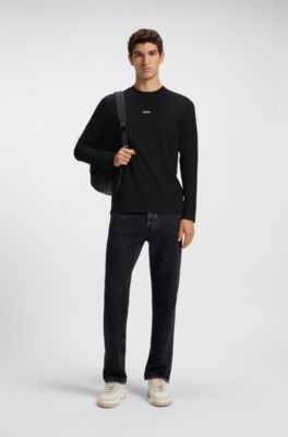 Long-sleeved T-shirt in stretch cotton with logo print, Black