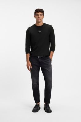 Long-sleeved T-shirt in stretch cotton with logo print, Black