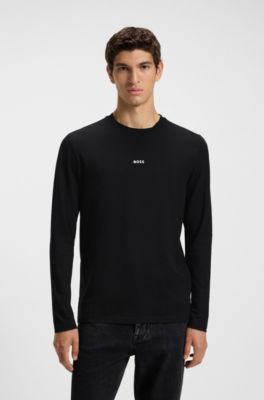 T-shirt en coton stretch &agrave; manches longues et logo imprim&eacute;, Noir