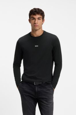 Long-sleeved T-shirt in stretch cotton with logo print, Black