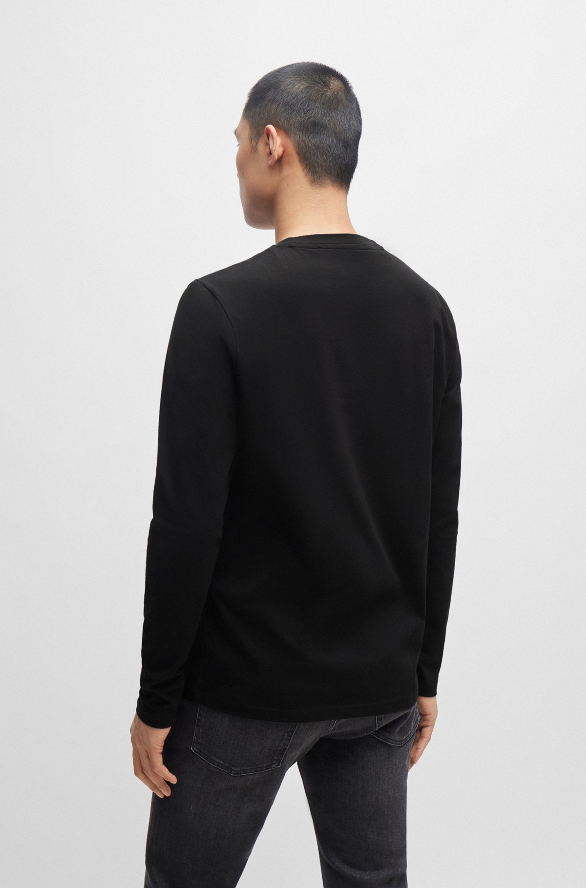 Camiseta regular fit de algodón elástico con logo en contraste, Negro