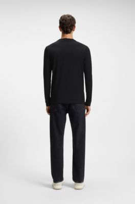 Long-sleeved T-shirt in stretch cotton with logo print, Black