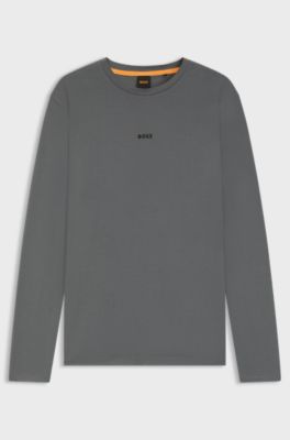 Long-sleeved stretch-cotton T-shirt with logo, Grey