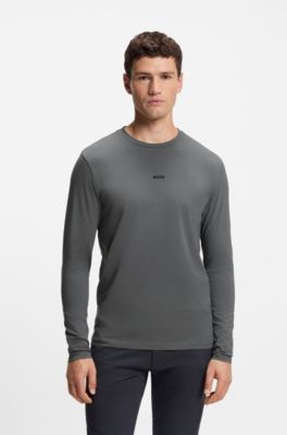 Long-sleeved T-shirt in stretch cotton with logo print, Grey