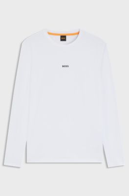 Camiseta de manga larga de algod&oacute;n el&aacute;stico con logo estampado, Blanco