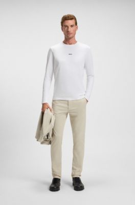 Long-sleeved stretch-cotton T-shirt with logo, White