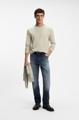 Longsleeve aus Stretch-Baumwolle mit Logo-Print, Hellbeige